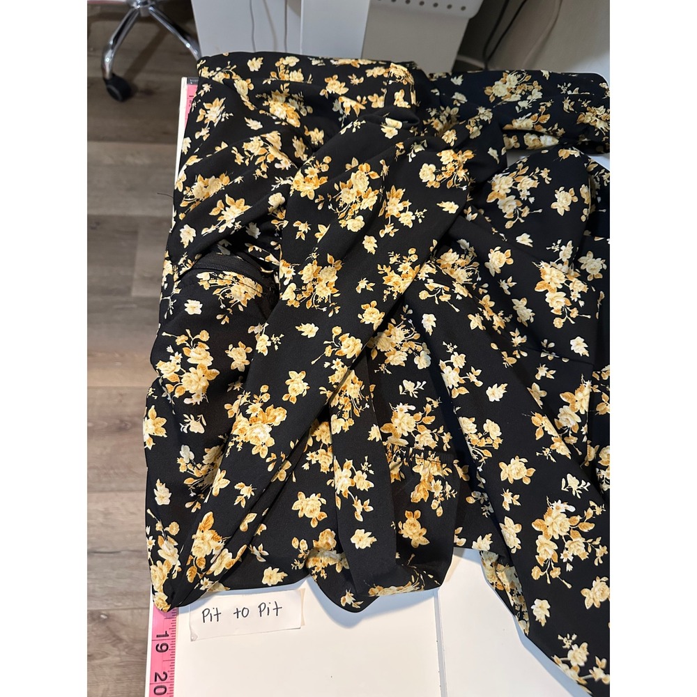 Floral Midi Dress Black Yellow Cottagecore Long Balloon Sleeve Slit L Babydoll - Picture 9 of 12